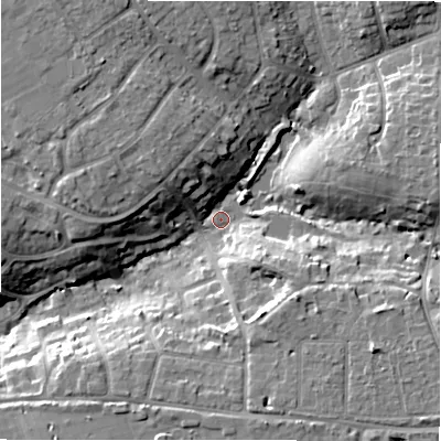Shaded relief map of the ground around BH234NG, computed from Environment Agency LiDAR. The ground here sits at about 15 m above sea level and falls 13 m across the surrounding 800 m. Surface water reaching this point runs off ground lying to the south-east, 10.6 m higher.
