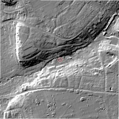 Shaded relief map of the ground around BH234QZ, computed from Environment Agency LiDAR. The ground here sits at about 14 m above sea level and falls 14 m across the surrounding 800 m. Surface water reaching this point runs off ground lying to the east, 11.5 m higher.