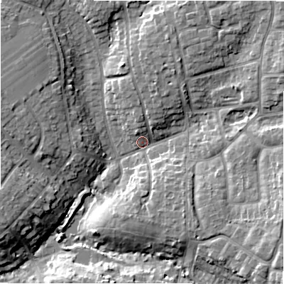 Shaded relief map of the ground around BH234RA, computed from Environment Agency LiDAR. The ground here sits at about 18 m above sea level and falls 15 m across the surrounding 800 m. Surface water reaching this point runs off ground lying to the north-east, 10.9 m higher.