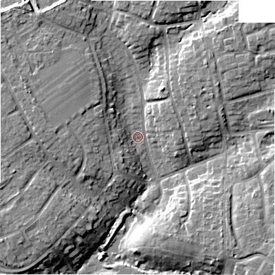 Shaded relief map of the ground around BH234RJ, computed from Environment Agency LiDAR. The ground here sits at about 18 m above sea level and falls 12 m across the surrounding 800 m. Surface water reaching this point runs off ground lying to the north-east, 8.3 m higher.