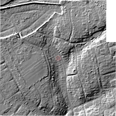 Shaded relief map of the ground around BH234RL, computed from Environment Agency LiDAR. The ground here sits at about 19 m above sea level and falls 10 m across the surrounding 800 m. Surface water reaching this point runs off ground lying to the north-north-east, 5.0 m higher.