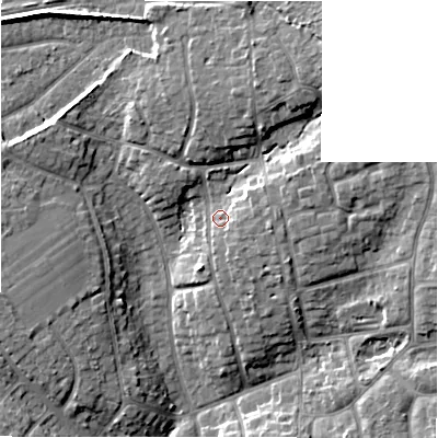 Shaded relief map of the ground around BH234RQ, computed from Environment Agency LiDAR. The ground here sits at about 22 m above sea level and falls 11 m across the surrounding 800 m. Surface water reaching this point runs off ground lying to the east, 3.9 m higher.