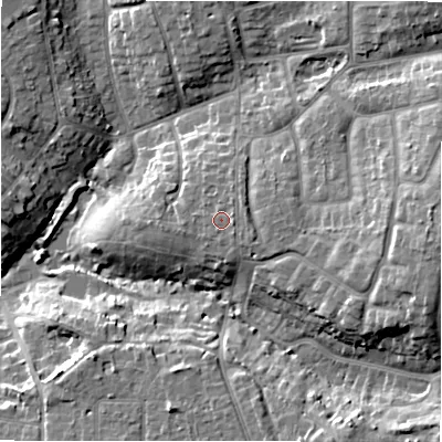 Shaded relief map of the ground around BH235AH, computed from Environment Agency LiDAR. The ground here sits at about 23 m above sea level and falls 16 m across the surrounding 800 m. Surface water reaching this point runs off ground lying to the east-north-east, 0.8 m higher.