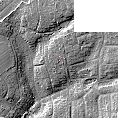 Shaded relief map of the ground around BH235AJ, computed from Environment Agency LiDAR. The ground here sits at about 24 m above sea level and falls 15 m across the surrounding 800 m. Surface water reaching this point runs off ground lying to the north-north-east, 1.2 m higher.