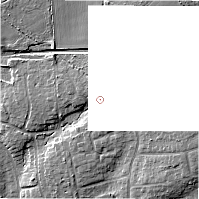 Shaded relief map of the ground around BH235AW, computed from Environment Agency LiDAR. and falls 21 m across the surrounding 800 m.