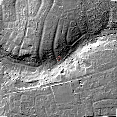Shaded relief map of the ground around BH235AY, computed from Environment Agency LiDAR. The ground here sits at about 23 m above sea level and falls 14 m across the surrounding 800 m. Surface water reaching this point runs off ground lying to the north-east, 10.0 m higher.