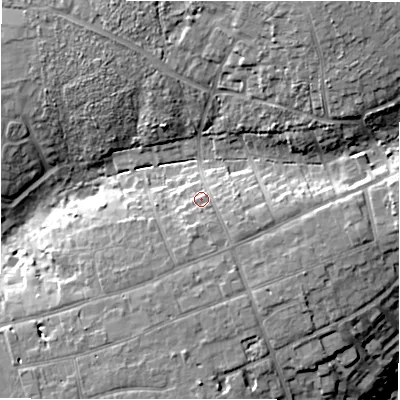 Shaded relief map of the ground around BH235HN, computed from Environment Agency LiDAR. The ground here sits at about 30 m above sea level and falls 24 m across the surrounding 800 m. Surface water reaching this point runs off ground lying to the south-south-east, 2.6 m higher.