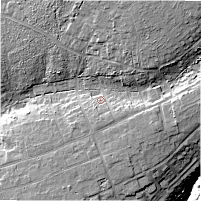 Shaded relief map of the ground around BH235HW, computed from Environment Agency LiDAR. The ground here sits at about 28 m above sea level and falls 27 m across the surrounding 800 m. Surface water reaching this point runs off ground lying to the south-south-east, 5.3 m higher.