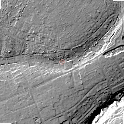 Shaded relief map of the ground around BH235LJ, computed from Environment Agency LiDAR. The ground here sits at about 28 m above sea level and falls 26 m across the surrounding 800 m. Surface water reaching this point runs off ground lying to the north, 10.0 m higher.