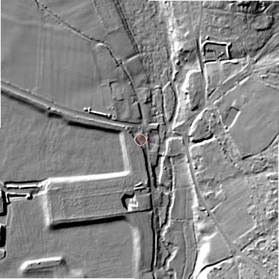 Shaded relief map of the ground around BH236AA, computed from Environment Agency LiDAR. The ground here sits at about 7 m above sea level and falls 18 m across the surrounding 800 m. Surface water reaching this point runs off ground lying to the west-north-west, 3.5 m higher.