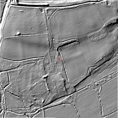 Shaded relief map of the ground around BH236AB, computed from Environment Agency LiDAR. The ground here sits at about 6 m above sea level and falls 9 m across the surrounding 800 m. Surface water reaching this point runs off ground lying to the north-north-east, 4.2 m higher.