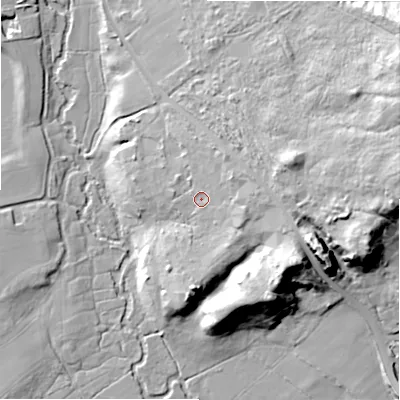 Shaded relief map of the ground around BH236AE, computed from Environment Agency LiDAR. The ground here sits at about 15 m above sea level and falls 34 m across the surrounding 800 m. Surface water reaching this point runs off ground lying to the east-south-east, 5.2 m higher.