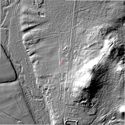 Shaded relief map of the ground around BH236AN, computed from Environment Agency LiDAR. The ground here sits at about 14 m above sea level and falls 30 m across the surrounding 800 m. Surface water reaching this point runs off ground lying to the east-south-east, 2.4 m higher.