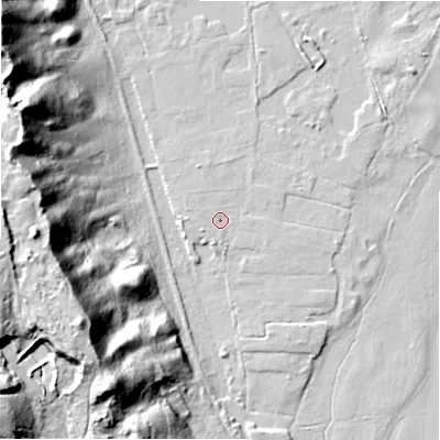 Shaded relief map of the ground around BH236AQ, computed from Environment Agency LiDAR. The ground here sits at about 6 m above sea level and falls 47 m across the surrounding 800 m. Surface water reaching this point runs off ground lying to the west-south-west, 1.5 m higher.