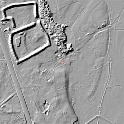 Shaded relief map of the ground around BH236AU, computed from Environment Agency LiDAR. The ground here sits at about 8 m above sea level and falls 9 m across the surrounding 800 m. Surface water reaching this point runs off ground lying to the west-north-west, 7.0 m higher.