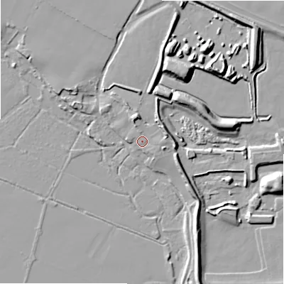 Shaded relief map of the ground around BH236AX, computed from Environment Agency LiDAR. The ground here sits at about 9 m above sea level and falls 12 m across the surrounding 800 m. Surface water reaching this point runs off ground lying to the east, 3.1 m higher.