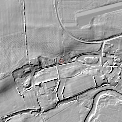 Shaded relief map of the ground around BH236BB, computed from Environment Agency LiDAR. The ground here sits at about 8 m above sea level and falls 7 m across the surrounding 800 m. Surface water reaching this point runs off ground lying to the north-west, 5.4 m higher.