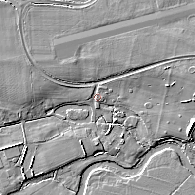 Shaded relief map of the ground around BH236BD, computed from Environment Agency LiDAR. The ground here sits at about 9 m above sea level and falls 8 m across the surrounding 800 m. Surface water reaching this point runs off ground lying to the east-north-east, 4.6 m higher.