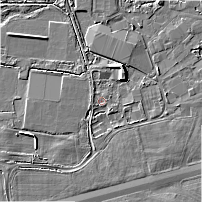 Shaded relief map of the ground around BH236BE, computed from Environment Agency LiDAR. The ground here sits at about 11 m above sea level and falls 7 m across the surrounding 800 m. Surface water reaching this point runs off ground lying to the west-south-west, 4.7 m higher.