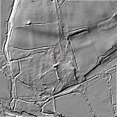 Shaded relief map of the ground around BH236BH, computed from Environment Agency LiDAR. The ground here sits at about 6 m above sea level and falls 9 m across the surrounding 800 m. Surface water reaching this point runs off ground lying to the north-west, 6.2 m higher.
