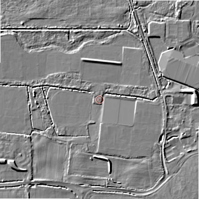 Shaded relief map of the ground around BH236BL, computed from Environment Agency LiDAR. The ground here sits at about 11 m above sea level and falls 7 m across the surrounding 800 m. Surface water reaching this point runs off ground lying to the west, 3.1 m higher.