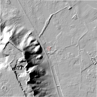 Shaded relief map of the ground around BH236BQ, computed from Environment Agency LiDAR. The ground here sits at about 6 m above sea level and falls 46 m across the surrounding 800 m. Surface water reaching this point runs off ground lying to the west-south-west, 46.1 m higher.