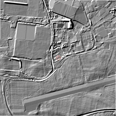 Shaded relief map of the ground around BH236BS, computed from Environment Agency LiDAR. The ground here sits at about 11 m above sea level and falls 7 m across the surrounding 800 m. Surface water reaching this point runs off ground lying to the west, 4.7 m higher.