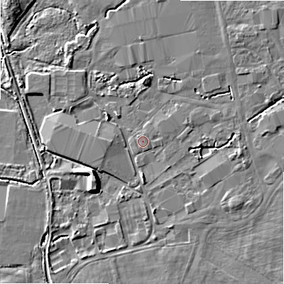 Shaded relief map of the ground around BH236BW, computed from Environment Agency LiDAR. The ground here sits at about 11 m above sea level and falls 7 m across the surrounding 800 m. The ground contributing surface water to this point lies to the east-north-east.