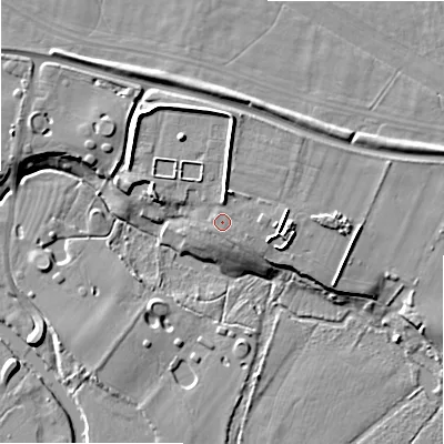 Shaded relief map of the ground around BH236DT, computed from Environment Agency LiDAR. The ground here sits at about 11 m above sea level and falls 9 m across the surrounding 800 m. The ground contributing surface water to this point lies to the south.