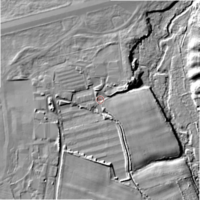Shaded relief map of the ground around BH236DU, computed from Environment Agency LiDAR. The ground here sits at about 9 m above sea level and falls 7 m across the surrounding 800 m. Surface water reaching this point runs off ground lying to the east-north-east, 3.8 m higher.