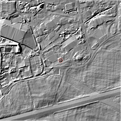 Shaded relief map of the ground around BH236ED, computed from Environment Agency LiDAR. The ground here sits at about 11 m above sea level and falls 7 m across the surrounding 800 m. Surface water reaching this point runs off ground lying to the west, 1.1 m higher.
