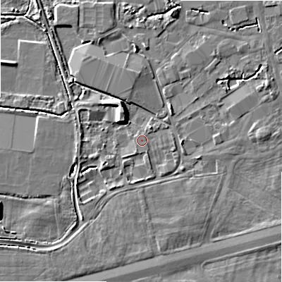 Shaded relief map of the ground around BH236EW, computed from Environment Agency LiDAR. The ground here sits at about 11 m above sea level and falls 7 m across the surrounding 800 m. Surface water reaching this point runs off ground lying to the west-south-west, 3.2 m higher.