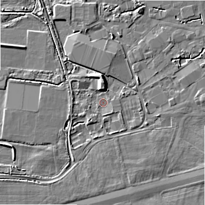 Shaded relief map of the ground around BH236HB, computed from Environment Agency LiDAR. The ground here sits at about 11 m above sea level and falls 7 m across the surrounding 800 m. Surface water reaching this point runs off ground lying to the south-west, 1.6 m higher.