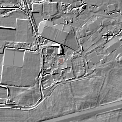 Shaded relief map of the ground around BH236HG, computed from Environment Agency LiDAR. The ground here sits at about 11 m above sea level and falls 7 m across the surrounding 800 m. Surface water reaching this point runs off ground lying to the south-west, 1.6 m higher.