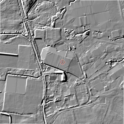 Shaded relief map of the ground around BH236HH, computed from Environment Agency LiDAR. The ground here sits at about 12 m above sea level and falls 7 m across the surrounding 800 m. The ground contributing surface water to this point lies to the north.