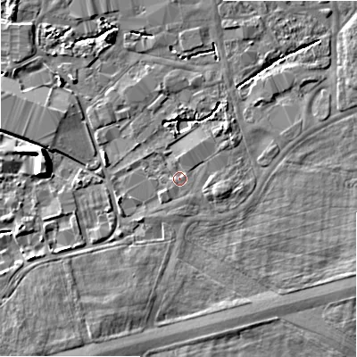 Shaded relief map of the ground around BH236NA, computed from Environment Agency LiDAR. The ground here sits at about 11 m above sea level and falls 7 m across the surrounding 800 m. Surface water reaching this point runs off ground lying to the east-south-east, 1.0 m higher.