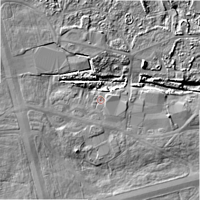 Shaded relief map of the ground around BH236NE, computed from Environment Agency LiDAR. The ground here sits at about 10 m above sea level and falls 7 m across the surrounding 800 m. Surface water reaching this point runs off ground lying to the south-east, 0.7 m higher.