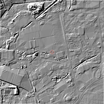 Shaded relief map of the ground around BH236NW, computed from Environment Agency LiDAR. The ground here sits at about 11 m above sea level and falls 7 m across the surrounding 800 m. The ground contributing surface water to this point lies to the north-north-east.