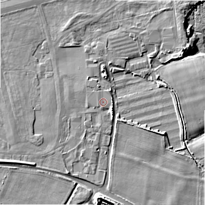 Shaded relief map of the ground around BH236SE, computed from Environment Agency LiDAR. The ground here sits at about 10 m above sea level and falls 8 m across the surrounding 800 m. The ground contributing surface water to this point lies to the east-north-east.