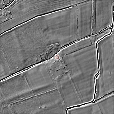 Shaded relief map of the ground around BH237AA, computed from Environment Agency LiDAR. The ground here sits at about 10 m above sea level and falls 3 m across the surrounding 800 m. Surface water reaching this point runs off ground lying to the east-north-east, 2.7 m higher.
