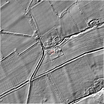Shaded relief map of the ground around BH237AB, computed from Environment Agency LiDAR. The ground here sits at about 10 m above sea level and falls 4 m across the surrounding 800 m. Surface water reaching this point runs off ground lying to the north-east, 2.6 m higher.