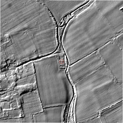 Shaded relief map of the ground around BH237AE, computed from Environment Agency LiDAR. The ground here sits at about 10 m above sea level and falls 6 m across the surrounding 800 m. Surface water reaching this point runs off ground lying to the north-north-west, 3.6 m higher.