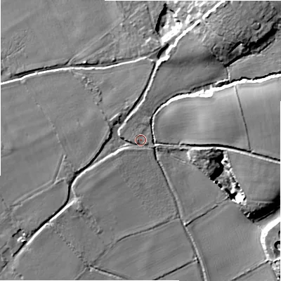 Shaded relief map of the ground around BH237AH, computed from Environment Agency LiDAR. The ground here sits at about 15 m above sea level and falls 13 m across the surrounding 800 m. Surface water reaching this point runs off ground lying to the north-north-east, 1.1 m higher.