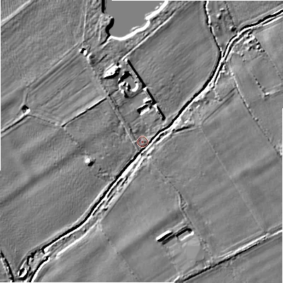Shaded relief map of the ground around BH237AL, computed from Environment Agency LiDAR. The ground here sits at about 11 m above sea level and falls 6 m across the surrounding 800 m. Surface water reaching this point runs off ground lying to the north, 5.3 m higher.