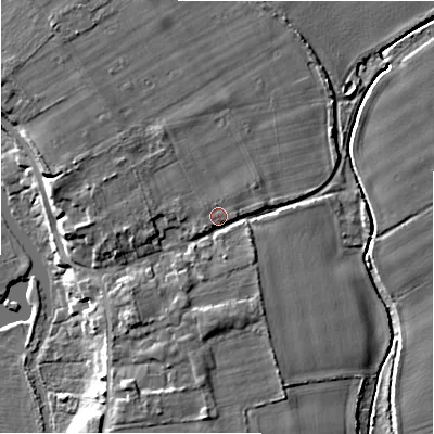 Shaded relief map of the ground around BH237AN, computed from Environment Agency LiDAR. The ground here sits at about 11 m above sea level and falls 9 m across the surrounding 800 m. Surface water reaching this point runs off ground lying to the west, 2.9 m higher.