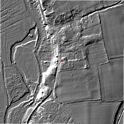 Shaded relief map of the ground around BH237AR, computed from Environment Agency LiDAR. The ground here sits at about 10 m above sea level and falls 9 m across the surrounding 800 m. Surface water reaching this point runs off ground lying to the north-north-east, 2.3 m higher.