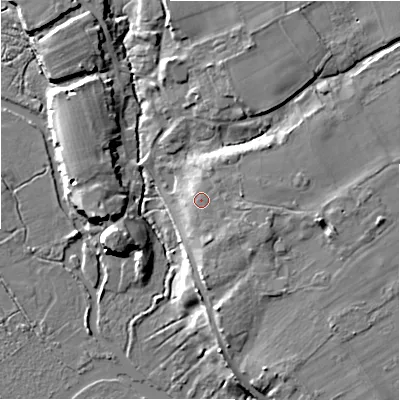 Shaded relief map of the ground around BH237AT, computed from Environment Agency LiDAR. The ground here sits at about 10 m above sea level and falls 8 m across the surrounding 800 m. Surface water reaching this point runs off ground lying to the east-north-east, 1.2 m higher.