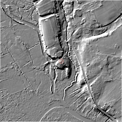 Shaded relief map of the ground around BH237AU, computed from Environment Agency LiDAR. The ground here sits at about 9 m above sea level and falls 8 m across the surrounding 800 m. Surface water reaching this point runs off ground lying to the south-west, 3.0 m higher.