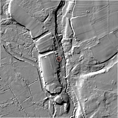 Shaded relief map of the ground around BH237AX, computed from Environment Agency LiDAR. The ground here sits at about 8 m above sea level and falls 8 m across the surrounding 800 m. Surface water reaching this point runs off ground lying to the south-south-west, 5.5 m higher.
