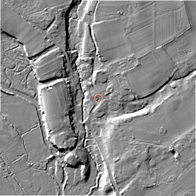 Shaded relief map of the ground around BH237AY, computed from Environment Agency LiDAR. The ground here sits at about 8 m above sea level and falls 8 m across the surrounding 800 m. Surface water reaching this point runs off ground lying to the east-north-east, 3.3 m higher.